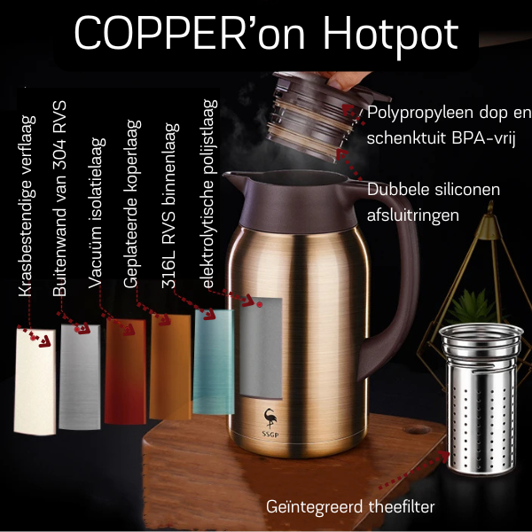 COPPER'on Hotpot - 48u+ isolatie - Incl. geïntegreerd theezeef