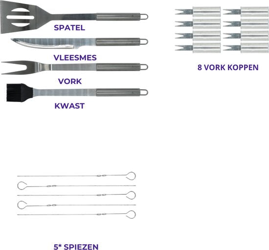 18-delige set - Roestvrijstaal BBQ gereedschap