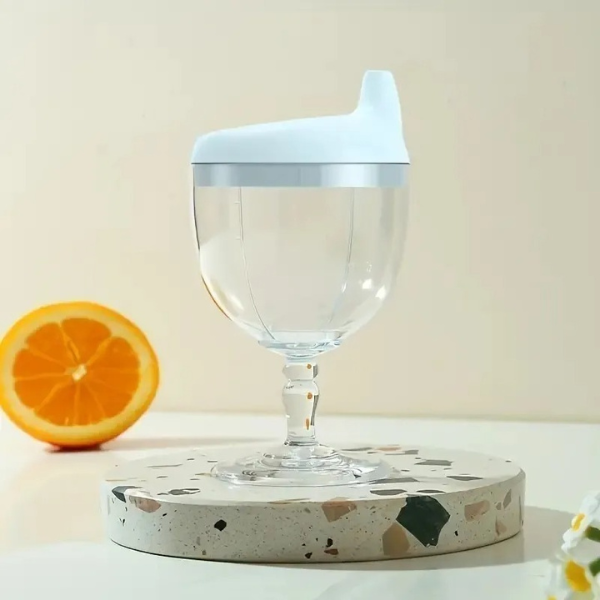 WineGlass drinkbeker met blauwe lekvrije deksel – transparante baby-trainingsbeker met voet
