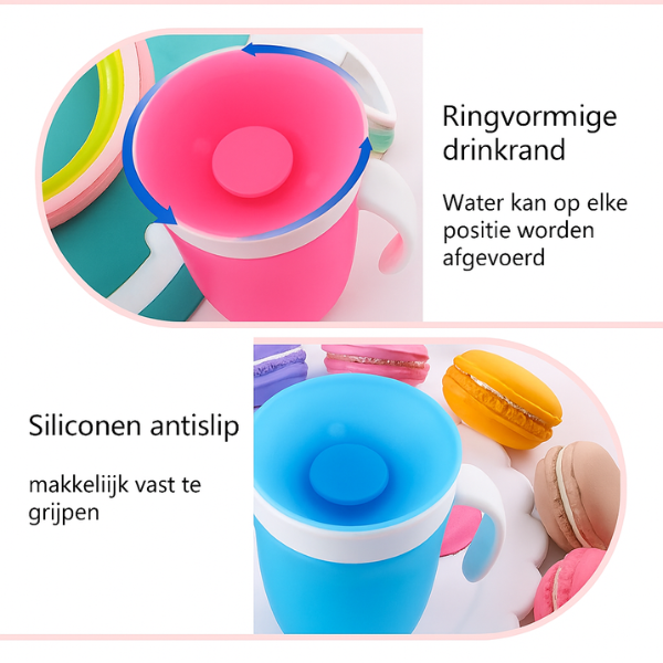 Detail van de zachte siliconen rand van de peuter oefenbeker