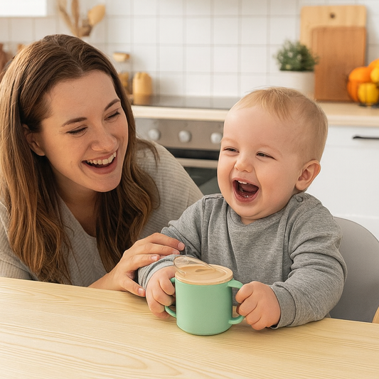 “Lachend kind met oefenbeker en moeder in de keuken – BPA-vrije peuterbeker